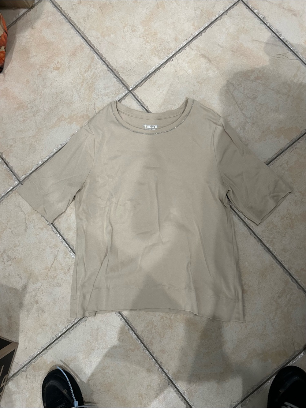 Chico's Beige Short Sleeve Top with Subtle Trim